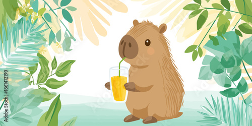 Adorable cartoon capybara with shaggy brown fur holding a glass and sipping yellow juice through a green straw.