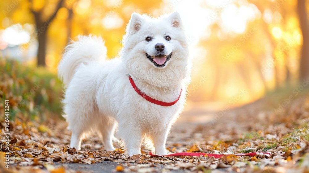 Fototapeta premium Fluffy white dog standing among scattered leaves on a forest path with detailed lighting