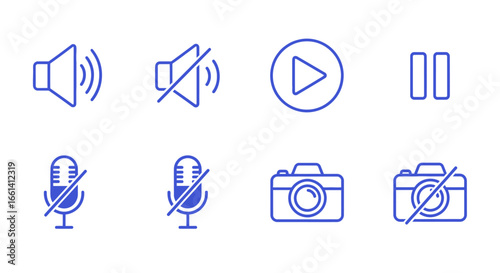 Modern blue gradient icons for audio and video controls like volume, mute, play, pause, and camera functions.