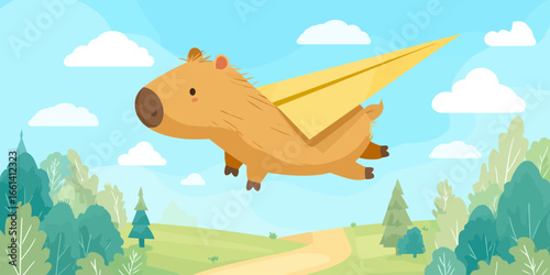 A cute cartoon capybara with a yellow paper airplane on its back, flying with a happy expression.