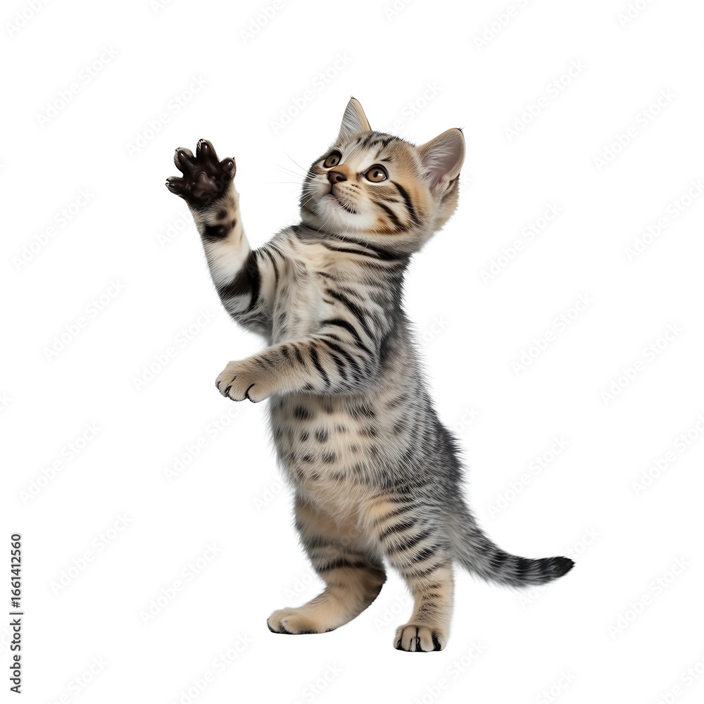 Obraz premium Cute tabby kitten standing on hind legs isolated on white background