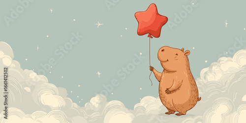 Vintage-style illustration of a happy, chubby capybara holding a bright red star balloon.