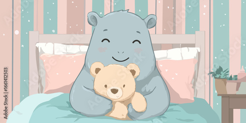 Adorable blue cartoon bear with a happy smile, cuddling a small beige teddy bear.