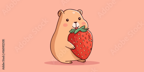 Chubby kawaii hamster character standing and holding a large, ripe red strawberry.