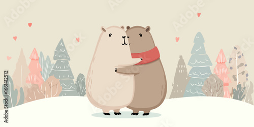 A charming illustration of two cute bears, one brown with a red scarf, hugging tightly.