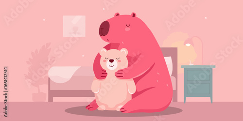 A large, pink cartoon capybara tenderly hugging a small, light-pink teddy bear with a peaceful expression.