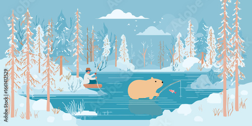 A whimsical flat illustration of a beige capybara fishing with a rod in a cold blue lake.