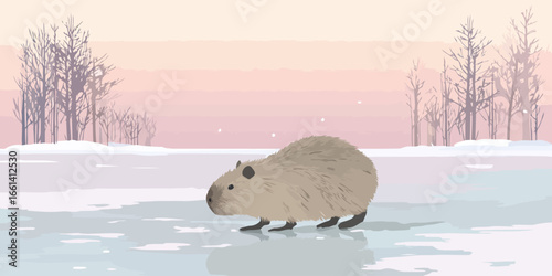 A charming illustrated capybara with shaggy light brown fur, small ears, and dark feet, shown in a side profile.
