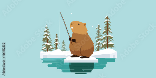 A cute cartoon beaver with large buck teeth ice fishing on a floating ice floe in winter.