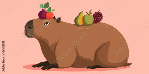 Illustrated brown capybara sitting calmly with assorted fruits and vegetables on its head and back.