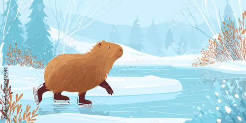 A charming cartoon capybara with shaggy brown fur, smiling while ice skating.