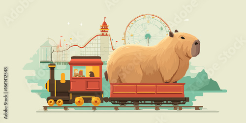 A giant, fluffy capybara with a calm expression riding in a red vintage train car.