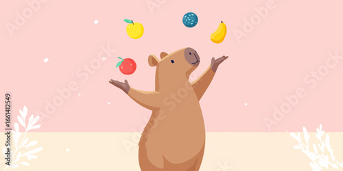 Illustrated happy brown capybara standing and juggling colorful fruits and a blue ball.