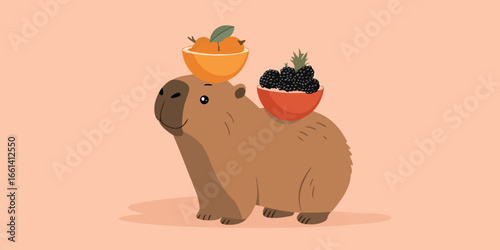 Cute cartoon capybara balancing bowls of tangerines and blackberries on its head and back.