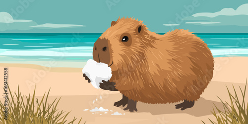 A cute, brown, furry capybara illustration, smiling while holding and eating a white, crumbly treat.