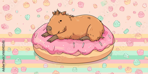 A cute cartoon capybara with shaggy fur resting peacefully on a giant pink frosted donut with white sprinkles.