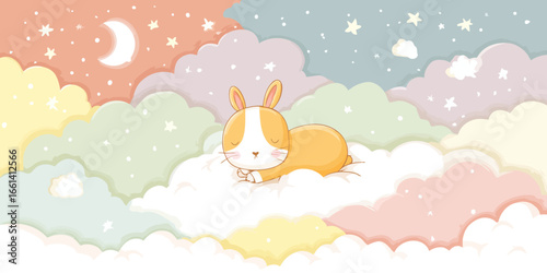 A cute orange and white cartoon bunny sleeping peacefully on a soft, fluffy white cloud.