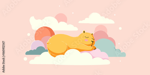 Adorable yellow cartoon capybara sleeping peacefully with a serene expression.
