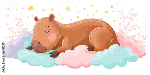 Cute cartoon capybara sleeping peacefully on a bed of colorful pastel clouds.