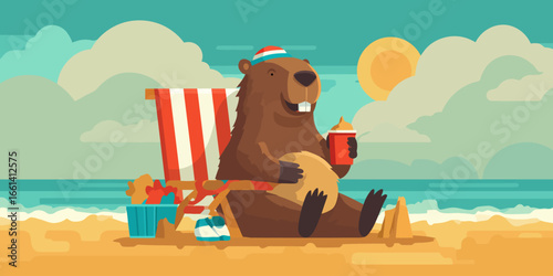 A cheerful cartoon beaver with buck teeth relaxing in a striped beach chair with a drink.