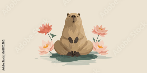 Zen capybara meditating peacefully in a lotus pose on a lily pad surrounded by flowers.