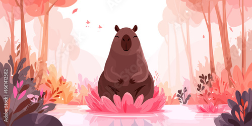 A serene, stylized brown capybara meditating peacefully inside a large pink lotus flower.