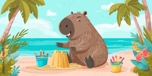 A cheerful cartoon capybara with shaggy brown fur sits happily while building a sandcastle with toy buckets.