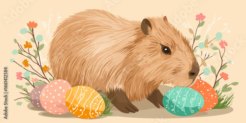 A charming illustrated brown capybara with shaggy fur sitting among colorful decorated Easter eggs and spring flowers.