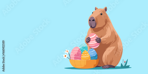 Cute cartoon capybara holding a decorated pink Easter egg next to a colorful basket.