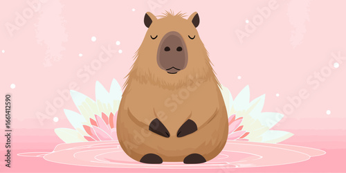 Calm, meditating cartoon capybara with shaggy brown fur and closed eyes.