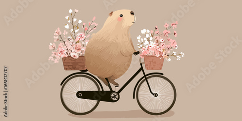 A charming, plump capybara happily riding a bicycle with baskets of pink cherry blossoms.