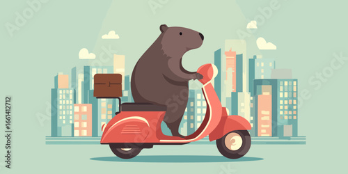 Stylized cartoon brown bear riding a classic red scooter with a briefcase.