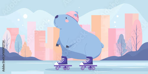 Cute blue cartoon capybara wearing a pink beanie and purple roller skates, standing happily.