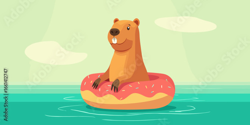 Smiling cartoon capybara with buck teeth floating in a pink sprinkled donut inflatable ring.