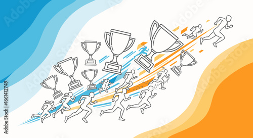 Runners chasing trophies, symbolizing achievement and success against a vibrant background.