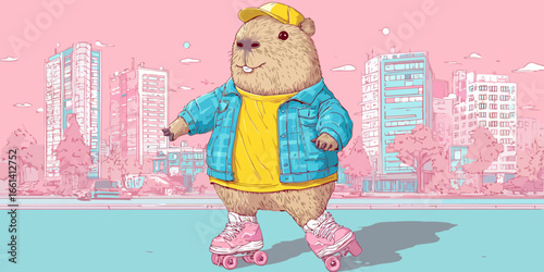 A smiling cartoon capybara in a denim jacket and yellow cap happily roller skating on pink quad skates.