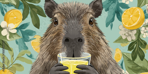 Illustrated close-up of a shaggy brown capybara holding a glass of yellow juice, looking directly at the camera.