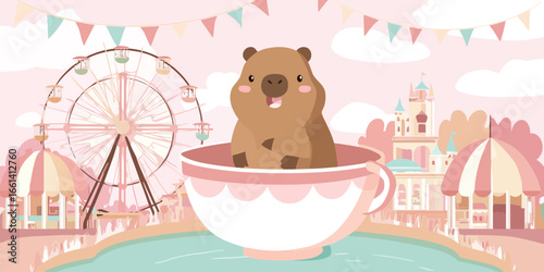 Adorable cartoon capybara with rosy cheeks and a joyful smile riding in a pastel pink and white teacup.