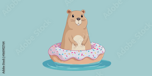 A cute cartoon groundhog with buck teeth floating in a pink frosted donut pool float.
