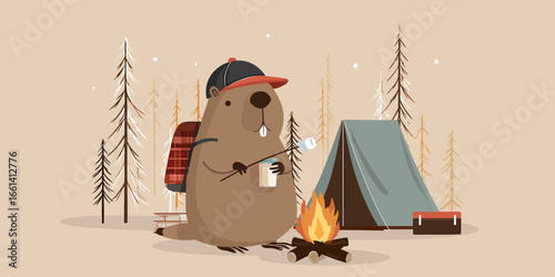 A cute cartoon beaver with a cap and backpack, roasting a marshmallow over a campfire.