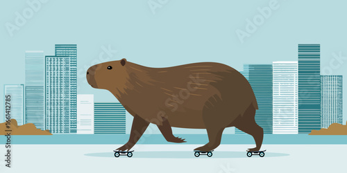 A flat vector illustration of a large brown capybara calmly walking on four tiny skateboards.