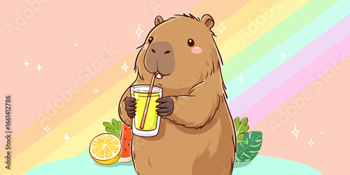 A cute, brown cartoon capybara with blushing cheeks, happily sipping a yellow drink from a glass with a red straw.