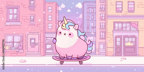 A cute, chubby pink unicorn with a pastel mane and golden horn, riding a pink skateboard.