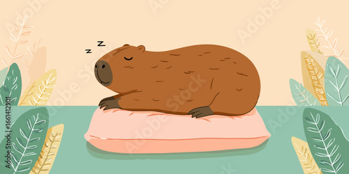 Cute cartoon capybara sleeping peacefully on a soft pink pillow, depicted in a simple, flat illustrative style.