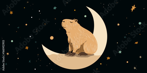 A serene, illustrated capybara with closed eyes and textured fur, sitting peacefully on a pale crescent moon.