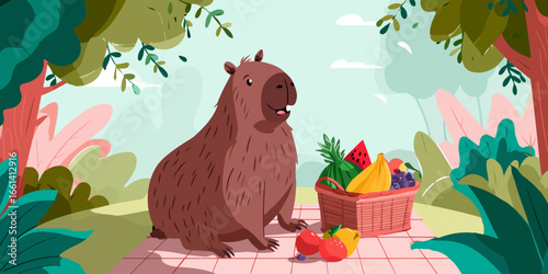 Friendly cartoon capybara with shaggy brown fur enjoying a picnic with a basket of fresh fruit.