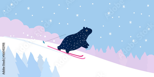 Illustrated dark blue speckled animal skiing downhill on bright pink skis.