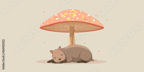 A cute cartoon capybara sleeping peacefully under a large, pink and yellow spotted mushroom.