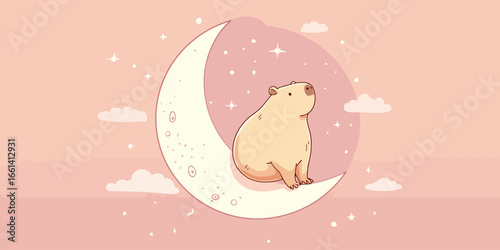 A cute, chubby cartoon capybara with a calm expression sitting on a pale crescent moon.