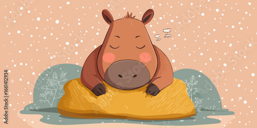 A cute, chubby brown cartoon horse with rosy cheeks sleeping soundly on a yellow haystack.